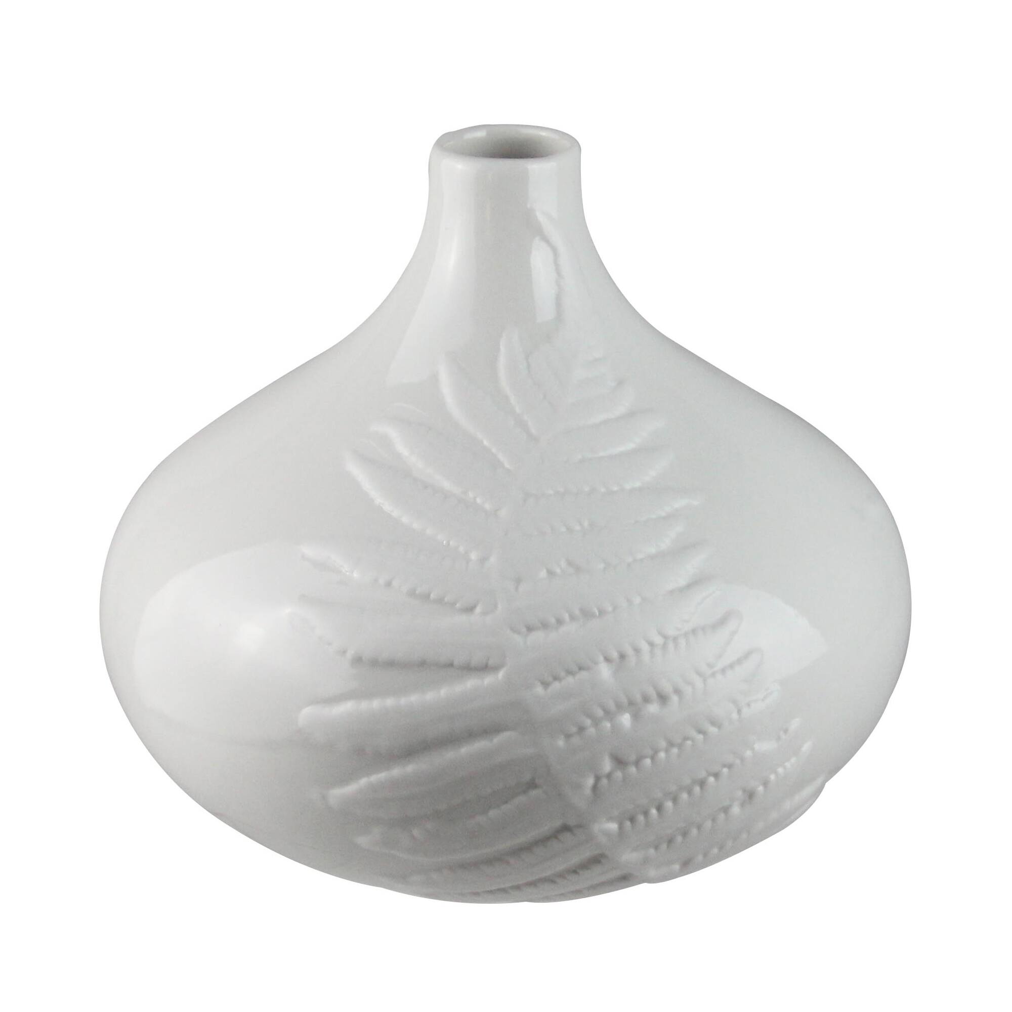 8.75" Botanic Beauty Porcelain Flower Vase with Fern Leaf, White